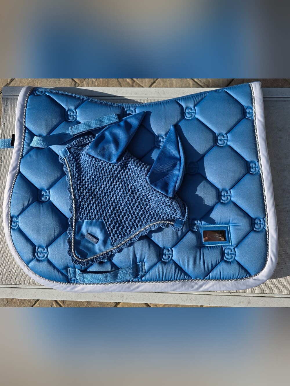 Equestrian Stockholm Blue Saddle Pad and Ear Bonnet Set- Jump FULL like New!